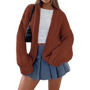 Womens Trendy Cardigan Sweaters Brown Red Long Sleeve Chunky Knit Outfits